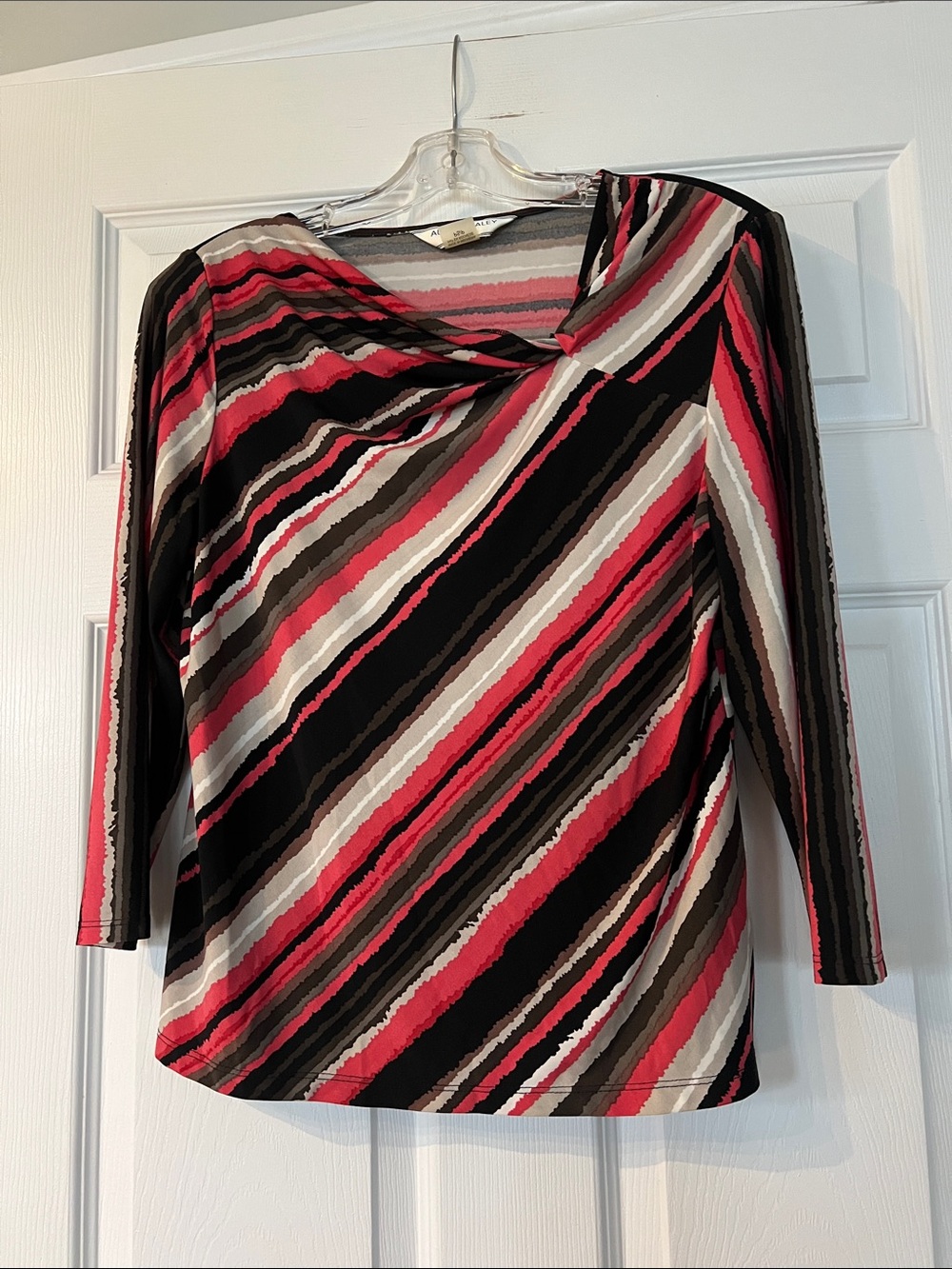 Allison Daley Black, pink & Gray Diagonal Stripe Draped Neck Long Sleeve Top